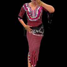 Luxury Belly Dance Costume: Red &amp; Gold Beaded Dress with Coin Belt - $169.00