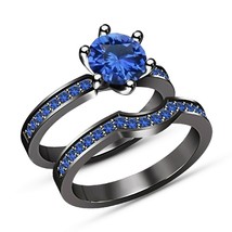 14K Black Gold Finish 1.50 Ct Blue Sapphire Wedding Set Bridal Engagement Ring - £79.04 GBP