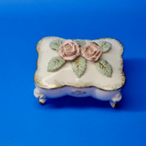 White Porcelain Trinket Box With Rose Cover 4¼” x 3¼” - Vintage 1950s Japan - £18.99 GBP