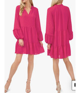 CeCe Split V-Neck Long Sleeve Clip Dot Tiered Babydoll Dress Size Small ... - £46.97 GBP