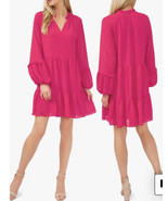 CeCe Split V-Neck Long Sleeve Clip Dot Tiered Babydoll Dress Size Small ... - $81.43 CAD