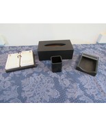 Black Leather 4 Piece Executive Desk Set Calendar Note Paper Tissues Pen... - $74.75 CAD