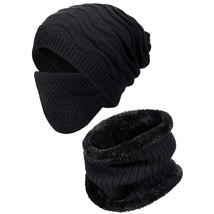 Winter Knitted Beanie Scarf Men Hat Neck Warmer Gaiter Face Cover Set (Black) - £16.01 GBP