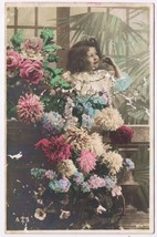 Postcard Young Girl With Flowers Window - £3.08 GBP