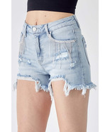 RISEN Frayed Hem Denim Shorts with Fringe Detail Pockets - €47,04 EUR