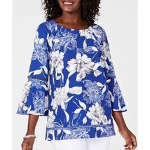 JM Collection Womens L Blue White Floral Print 3/4 Sleeve Top NWT CM59 - £21.89 GBP
