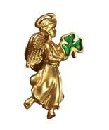 VINTAGE Stamped AVON Gold Tone Angel Holding Green Clover Stick Pin &amp; Cl... - $14.37 CAD