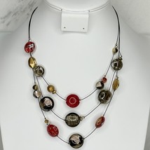 Chico&#39;s Black and Red Beaded Triple Strand Wire Gold Tone Necklace - £13.39 GBP