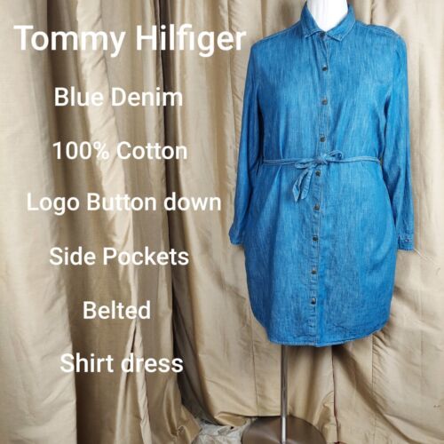 Primary image for Tommy Hilfiger Blue Denim Cotton Side Pockets Logo Button Down Belted Shirt...