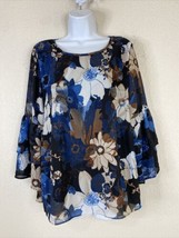 JM Collection Womens Size M Blue/Brown Floral Crinkle Blouse Long Sleeve - £4.87 GBP