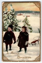 Christmas Postcard Real Photo Children Snow Covered Trees Sled Germany RPPC - $19.80