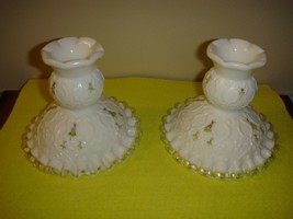 Fenton Glass Violets In Snow Spanish Lace Candlesticks - £23.96 GBP