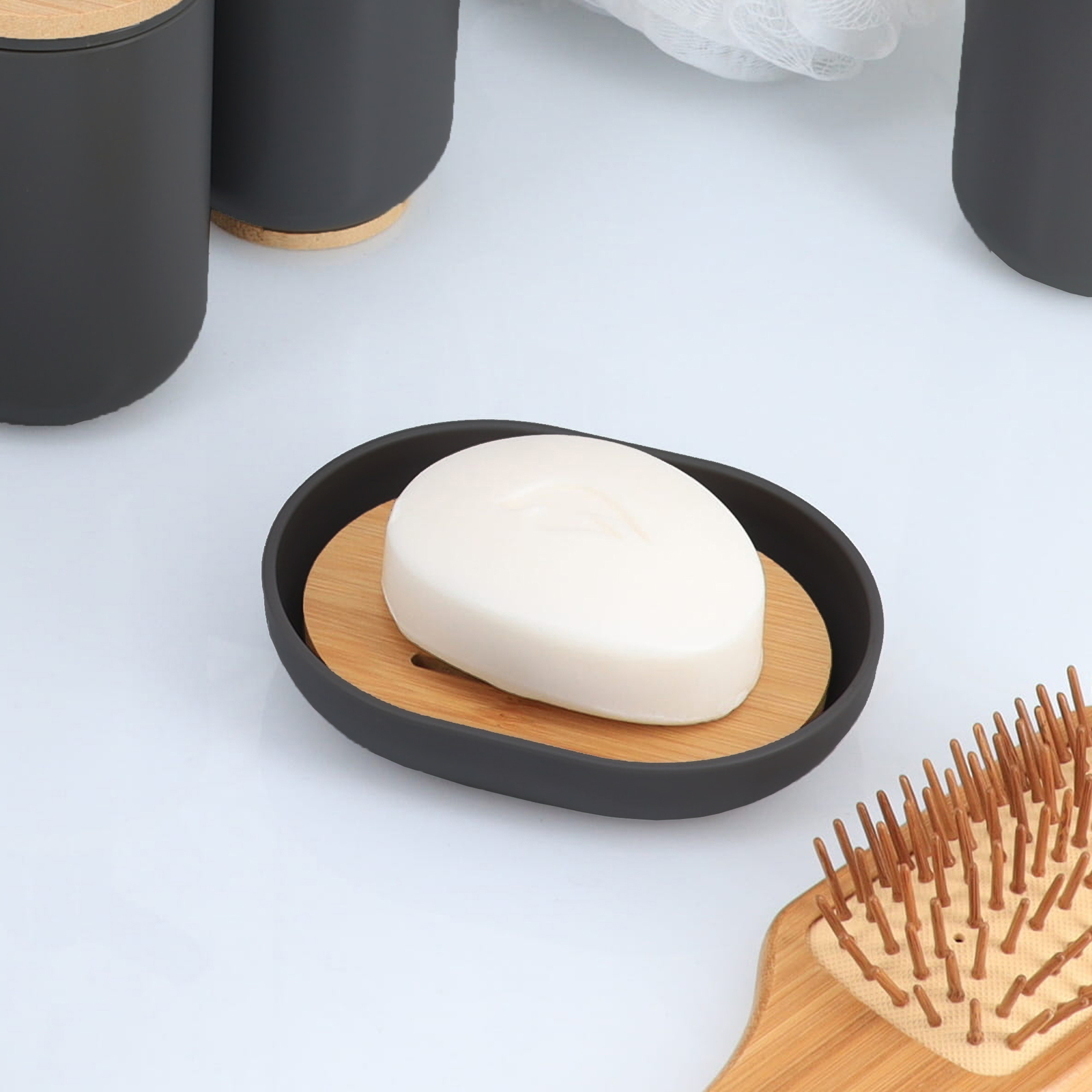 Premium Black Soap Dish Padang with Bamboo Tray - Stylish Bathroom Storage Acces