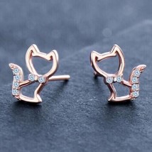 0.1CT Simulated Diamond Rose Gold Plated Silver Cute Little Cat Stud Earrings - £53.83 GBP