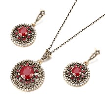 Wbmqda Red Stone Ethnic Bridal Jewelry Set For Women Antique Gold Color Boho Cry - £18.96 GBP