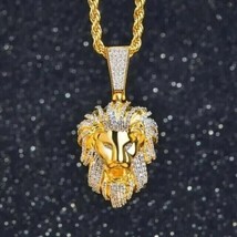 1.50CT Round Lab Created Diamond Lion Face Pendant 14k Yellow Gold Plated 18 In - £305.50 GBP