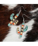 Boho Women Dangle Aztec Saguaro Cactus Design Earrings Silver Plated NEW - $11.88