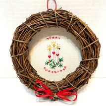 Vintage Handmade Needlepoint Merry Christmas Wicker Wreath Decoration Hanging - £15.61 GBP