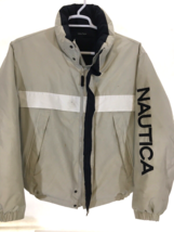 Nautica Down &amp; Waterfowl Puffer Jacket Reversible Beige Navy Spellout Me... - £51.57 GBP