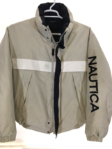 Nautica Down &amp; Waterfowl Puffer Jacket Reversible Beige Navy Spellout Me... - £51.51 GBP