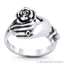 Rose Flower on Hand Love Charm Right-Hand Stackable Ring in .925 Sterling Silver - £22.77 GBP
