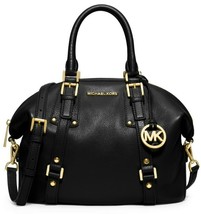 Michael Kors Bedford Belted Black Leather Gold Medium Top Zip Satchel Bagnwt - £216.62 GBP