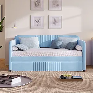 Twin Size Upholstered Daybed Sofa Bed With Trundle Bed And Wood Slat,Lig... - $564.99