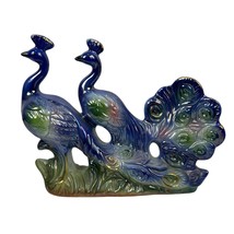 Vintage 50s Iridescent Lusterware Double Peacock Figurine Centerpiece Decor - $53.92 CAD