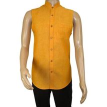 Mens INSERCH linen Shirt Banded Chinese Collar Sleeves-Less SS719 Sunburst image 7