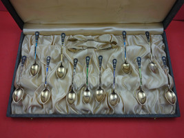 Norwegian Sterling Silver Coffee Spoon &amp; Tongs 13-pc Set in Original Box Enamel - £391.82 GBP