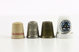 Vintage Sewing Notion Lot 4 Thimbles Metal Plastic Ceramic Orange Blosso... - $11.07
