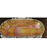 Vintage Carnival Glass Celery Dish Iridescent 10.5” Amber Gold Pretzel D... - $37.40