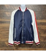 Zara Satin Varsity Bomber Jacket Mens Size XL Blue Full Zip USA Theme - $72.91 CAD