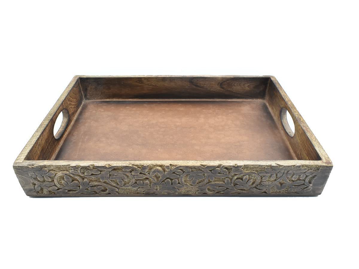 STORE INDYA Hand Crafted Vintage Wooden Serving Tray with Handle for Kit... - $24.99