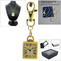 Gold Color Pocket Watch Women Square Pendant Watch with Key Ring and Necklace 59 - £15.72 GBP