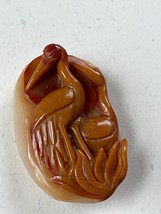 Finely Carved Cream w Mustard Pair of Crane Birds &amp; Rust Colored Full Moon Stone - £38.26 GBP