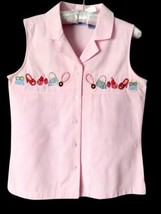 Jane Ashley Pink Embroidered Beaded Button Down Short Sleeve Top Small Jewelry  - £11.07 GBP