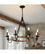 Rustic Wagon Wheel Chandelier Candle Farmhouse Faux Wood Light Fixture B... - $160.00+