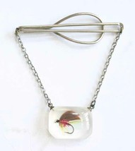 Elegant Trout Fly Lure in Lucite Silver-tone Tie Clasp 1940s vintage 2 1/2&quot; - £15.14 GBP