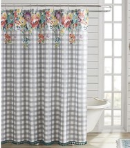 Pioneer Woman Sweet Romance Gray Gingham Floral Decor Shower Curtain 72&quot; x 72&quot; - £23.87 GBP