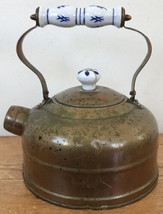 Vtg Antique Style Patina Copper Delft Blue White Ceramic Handle Tea Pot Kettle - £26.61 GBP