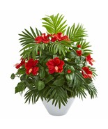 Nearly Natural Hibiscus and Areca Palm Artificial White Bowl Silk Plants... - £79.55 GBP