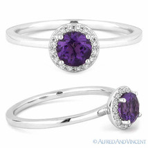 0.52 ct Round Cut Amethyst Diamond Halo Setting Right-Hand Ring - 14k White Gold - £341.71 GBP