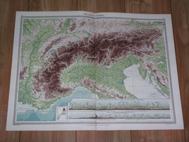 1908 Antique Physical Map / Views Of The Alps Mountains Switzerland Italy France - $26.88