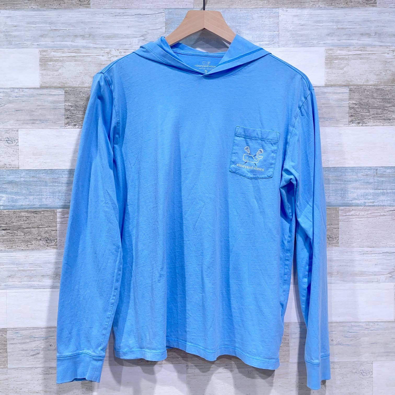 Primary image for Vineyard Vines Lacrosse Whale Hoodie Tee T Shirt Blue Long Sleeve Boys XL 18