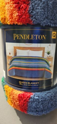 PENDLETON Sherpa Fleece Blanket QUEEN, Serape Stripe Blue NEW - $52.24