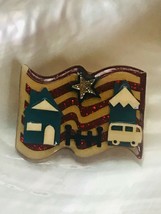 Blue &amp; Cream House Pins by Lucinda in Sparkly US Flag w VW Hippie Van Fence &amp; - £20.06 GBP