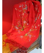 Chinese Silk Fringe red Birds of Paradise and Flowers 19inx39in Gorgeous - $152.58 CAD