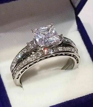 Engagement Wedding Ring Set 2.90Ct Princess Cut Diamond 14k White Gold Size 7.5 - £248.21 GBP