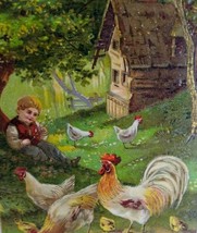 Easter Postcard Roosters Boy In Farmland Gel Germany Vintage PBF Series 9777 - £6.00 GBP